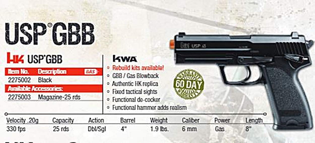 Elite Force HK Heckler & Koch USP GBB Blowback 6mm BB Pistol Airsoft Gun, Black, HK USP GBB Full Size, One Size, 2275002