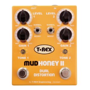 t-rex engineering mudhoney-ii dual distortion guitar effects pedal with two independent channels of vintage gain dual distortion; individual boost function and tone controls for each channel (10020)