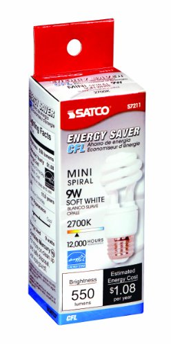 Satco S7211 9-Watt Medium Base T2 Mini Spiral, 2700K, 120V, Equivalent to 40-Watt Incandescent Lamp for Enclosed Fixtures with Energy Star Rated