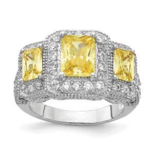 925 Sterling Silver Step Cut Radiant Cut Canary and White CZ Cubic Zirconia Simulated Diamond 3 stone Ring Size 7 Measures 13.25mm Wide Jewelry for Women