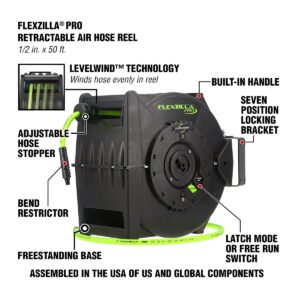 Flexzilla Pro Levelwind Retractable Air Hose Reel, 1/2 in. x 50 ft., Heavy Duty, Lightweight, Hybrid, ZillaGreen - L8335FZ