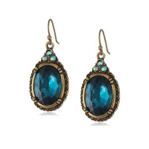 1928 Jewelry "Victorian Peacock" Blue Zircon Color Oval Faceted Brass Tone Drop Earrings