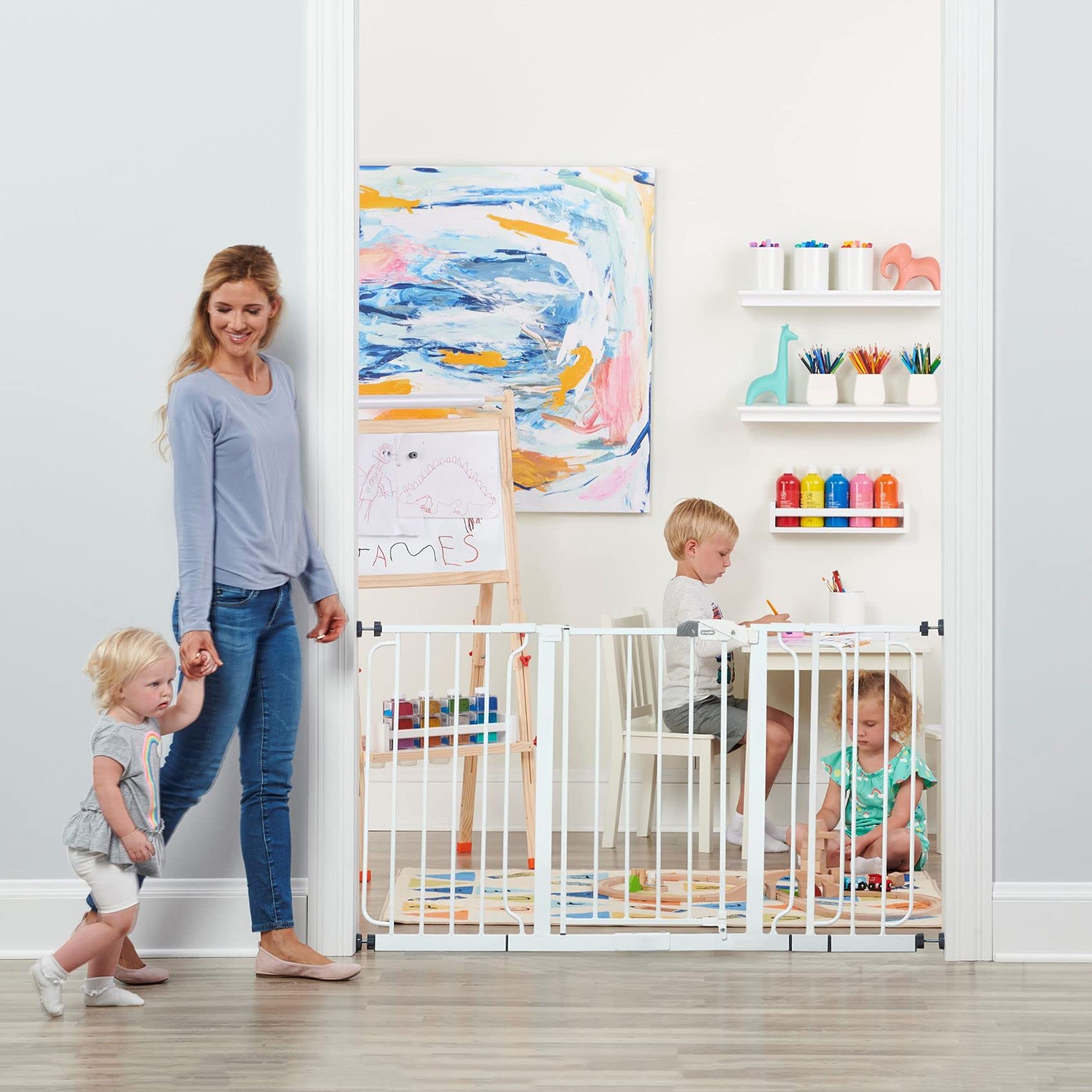 Regalo 56-Inch Extra WideSpan Walk Through Baby Gate, Includes 4-Inch, 8-Inch and 12-Inch Extension, 8 Piece Set - 4 Pack of Pressure Mounts and 4 Pack of Wall Cups and Mounting Kit, White