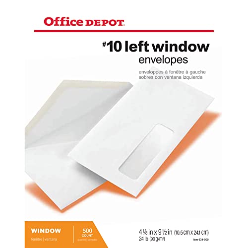 Office Depot® Brand Window Envelopes, Window On Bottom Left, 10, 4 1/8" x 9 1/2", White, Box Of 500