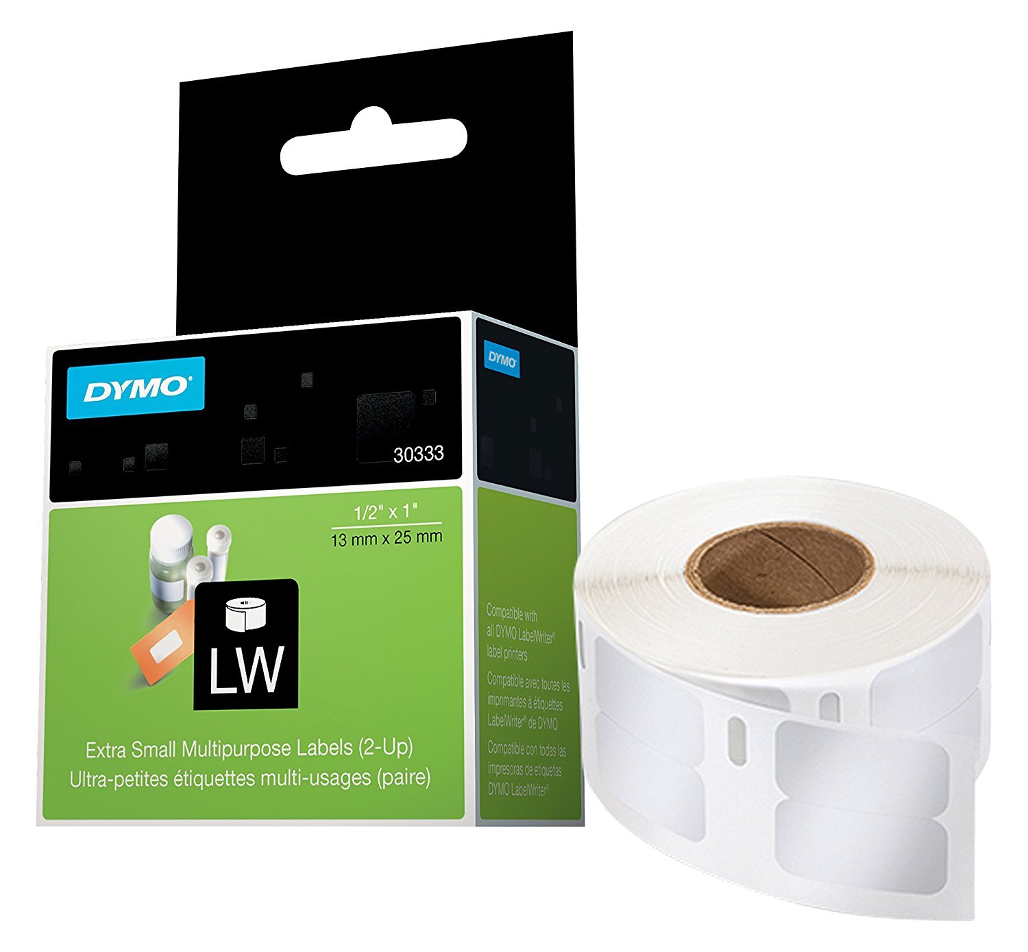 DYMO LW Extra-Small Multi-Purpose Labels for LabelWriter Label Printers, White, 1/2'' x 1'', 1 roll of 1,000 (30333)