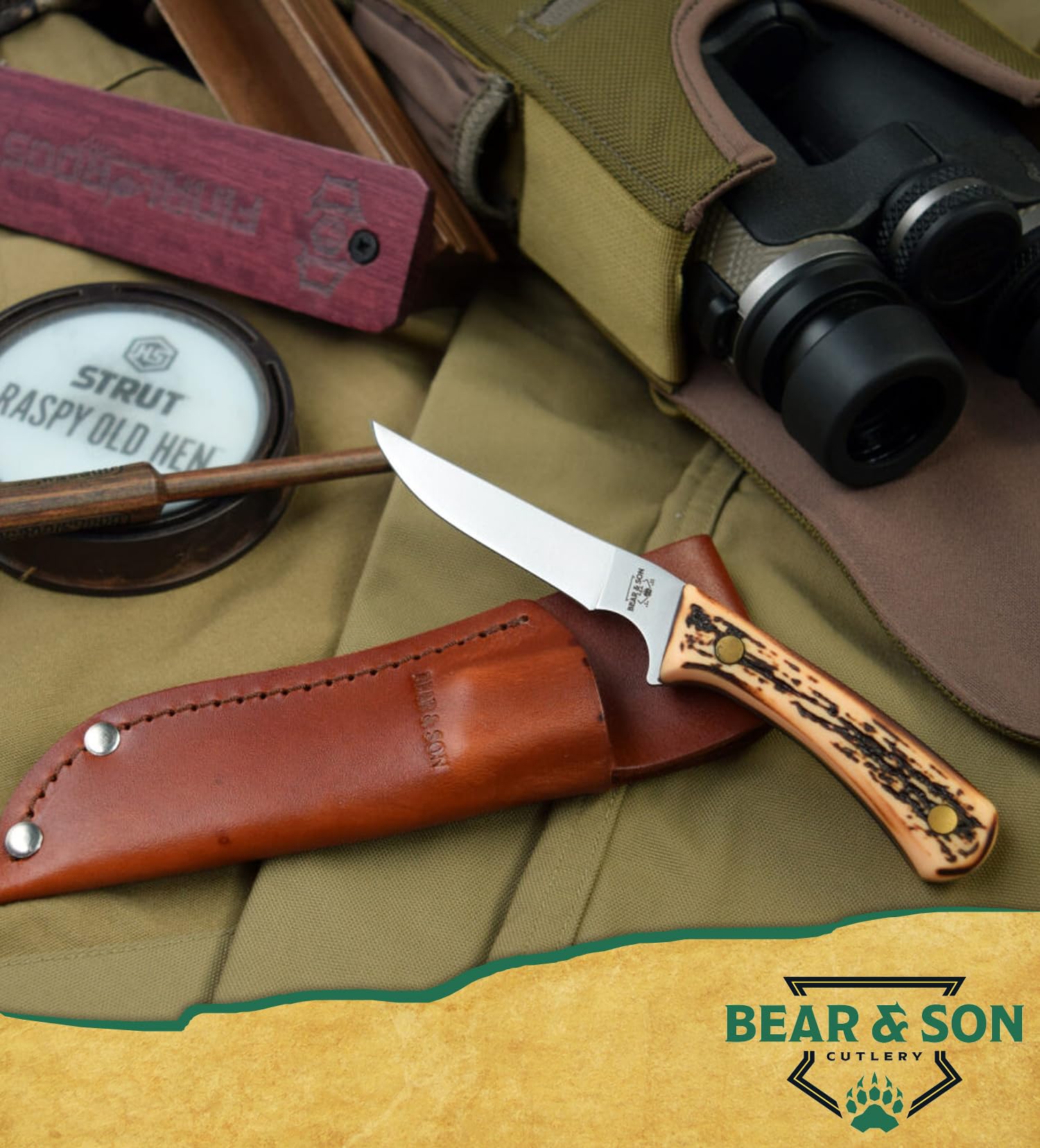 Bear & Son Cutlery 6 1/2” Bird and Trout Knife, 3” 440 High Carbon Stainless Steel Blade, Stag Delrin Handle, Leather Sheath (751)