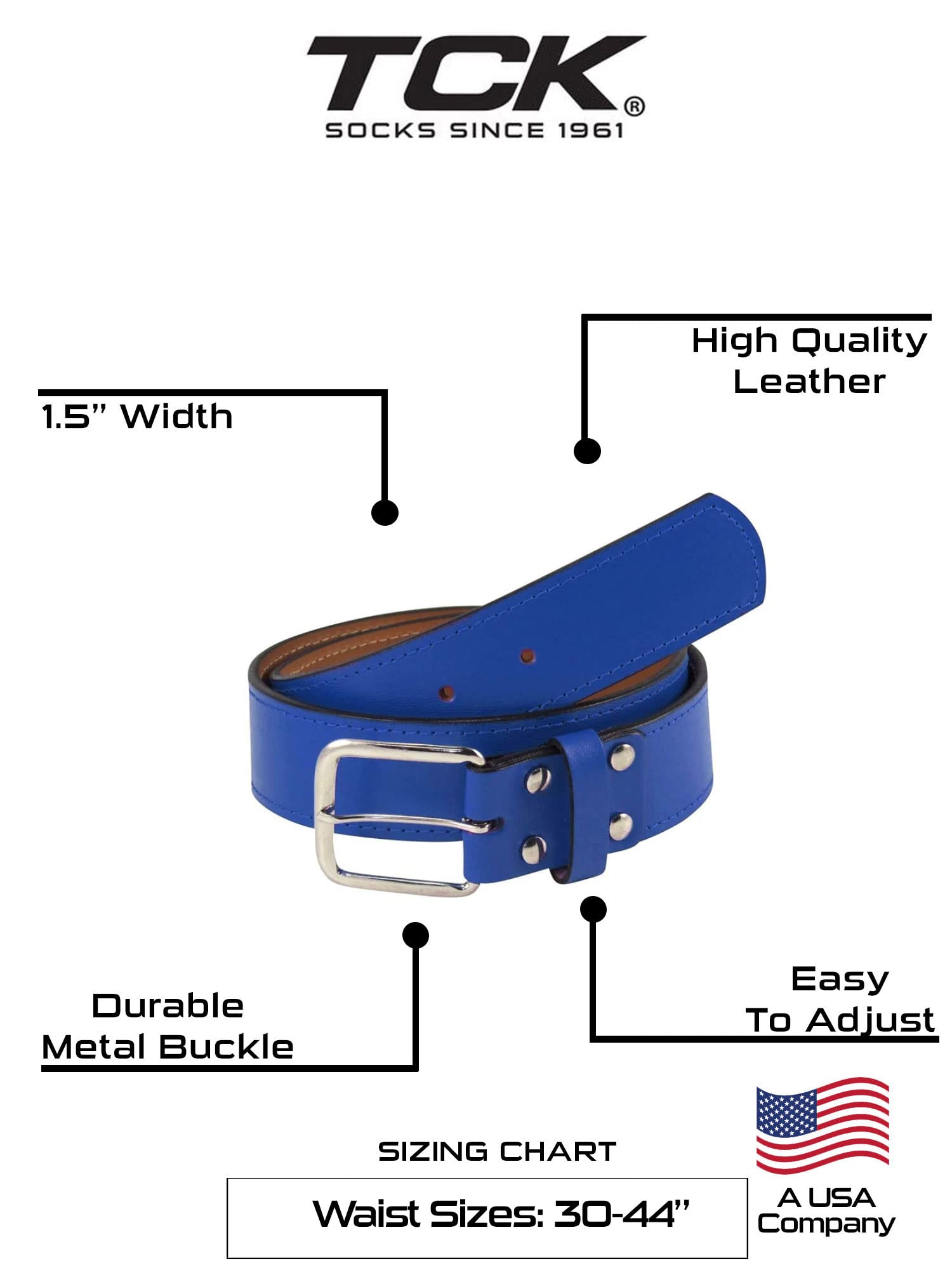 TCK Premium Leather Baseball Softball Belt (Royal Blue, 42")