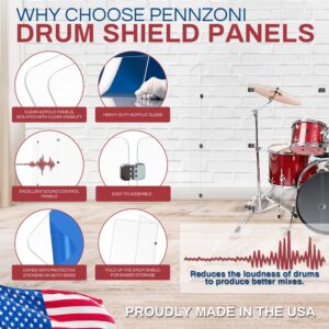 PENNZONI Drum Shield 6ft w/Chrome Hinges, Comes w/ 6 Drum Panels, & Chrome Hinges, Premium Clear Acrylic Panels, Drum Screen