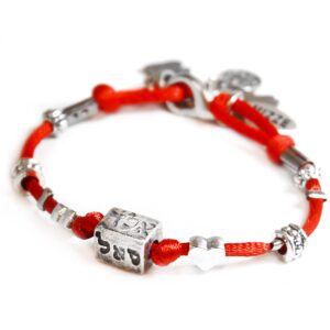 red silk string bracelet - 72 names of god silver tone cube charm for health, prosperity & protection - multi charm jewelry gift for women with hamsa hand, fish & heart charms - 7" length