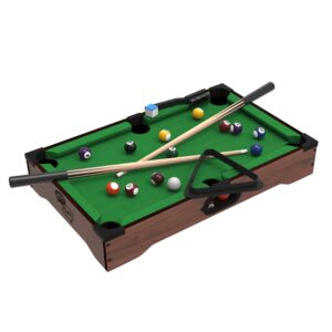 mini tabletop pool set- billiards game includes game balls, sticks, chalk, brush and triangle-portable and fun for the whole family by hey! play!(green)