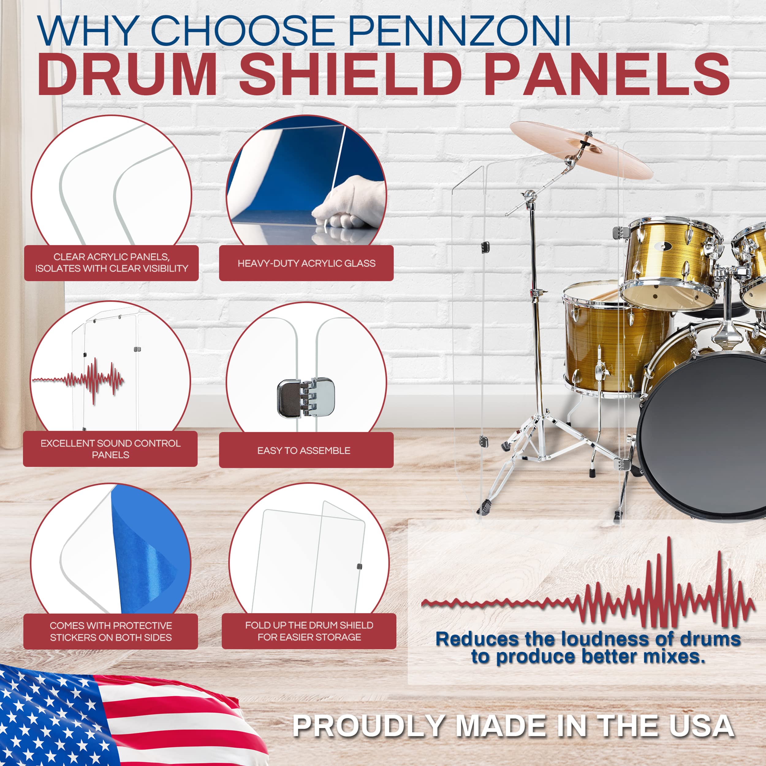 PENNZONI Drum Shield 4ft w/Chrome Hinges, Comes w/ 4 Drum Panels, & 6 Chrome Hinges, Premium Clear Acrylic Panels, Drum Screen