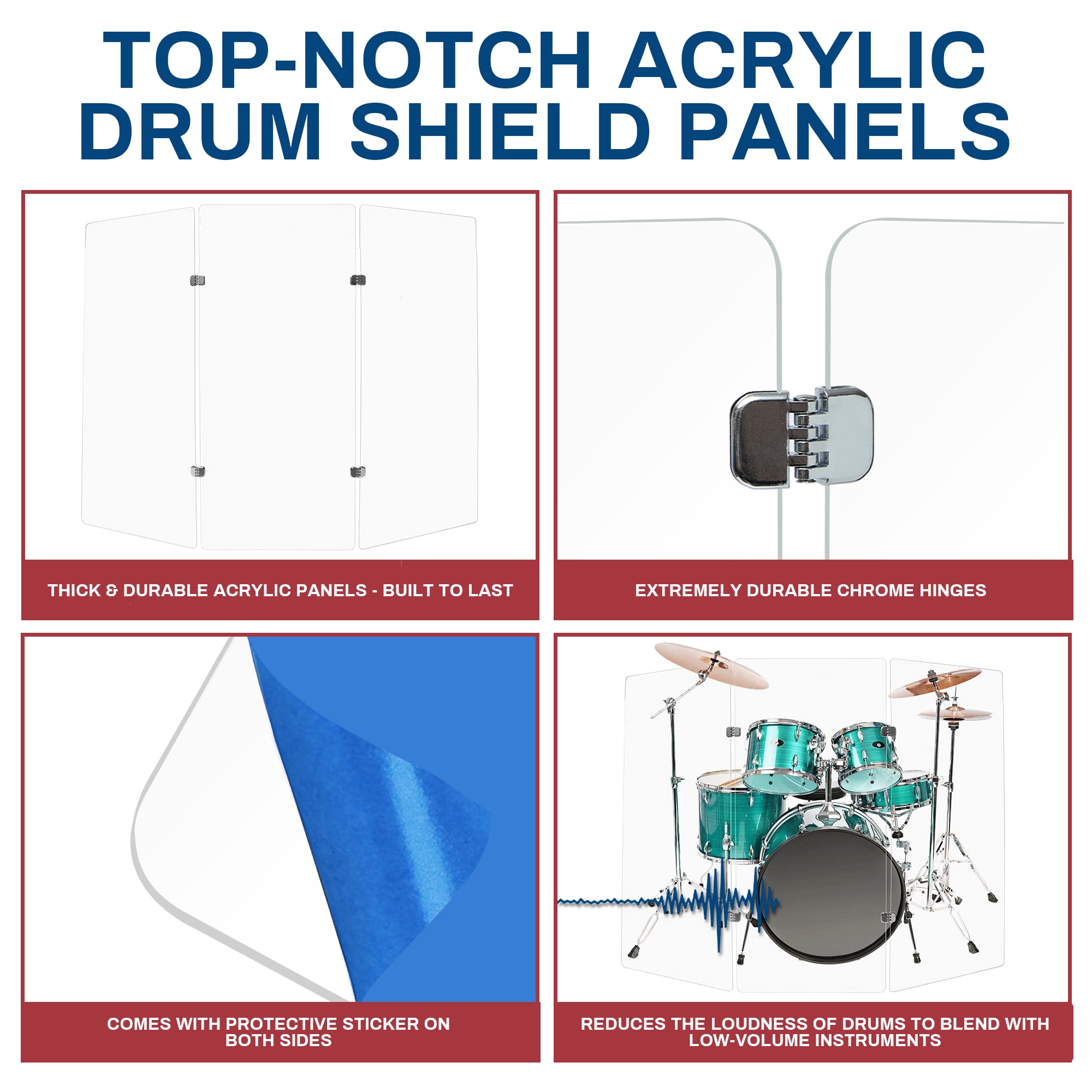 PENNZONI Drum Shield 4ft w/Chrome Hinges, Comes w/ 3 Drum Panels, & 4 Chrome Hinges, Premium Clear Acrylic Panels, Drum Screen