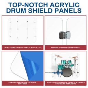 PENNZONI Drum Shield 6ft w/Chrome Hinges, Comes w/ 5 Drum Panels, & Chrome Hinges, Premium Clear Acrylic Panels, Drum Screen