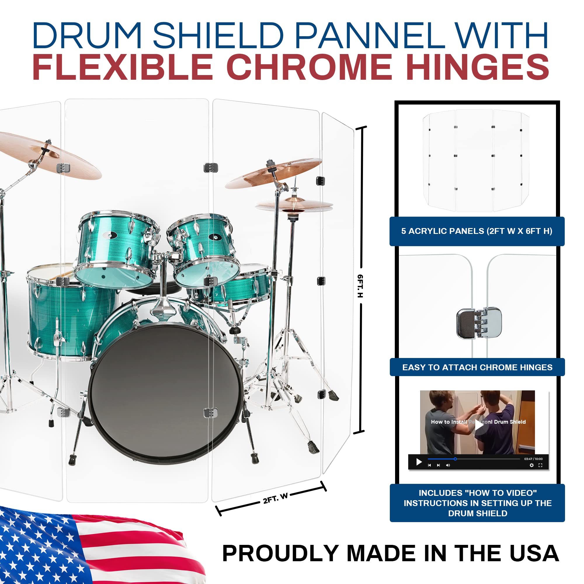 PENNZONI Drum Shield 6ft w/Chrome Hinges, Comes w/ 5 Drum Panels, & Chrome Hinges, Premium Clear Acrylic Panels, Drum Screen