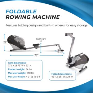 Stamina ATS Air Rower Machine with Smart Workout App - Foldable Rowing Machine with Dynamic Air Resistance for Home Gym Fitness - Up to 250 lbs Weight Capacity - Black/Chrome