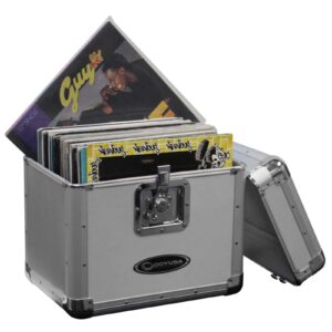 Odyssey KROM Series Record Utility Case for 70 Individual 12" Vinyl Records and LPs with Foam-Lined Interior, Secure Lock, and Handle, Silver