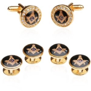 cuff-daddy masonic cufflinks and studs - mens freemason formal set cufflinks and studs - crystal gold tone masonic tuxedo formal set with travel presentation box - 5/8" cufflinks, 1/2" studs shirt