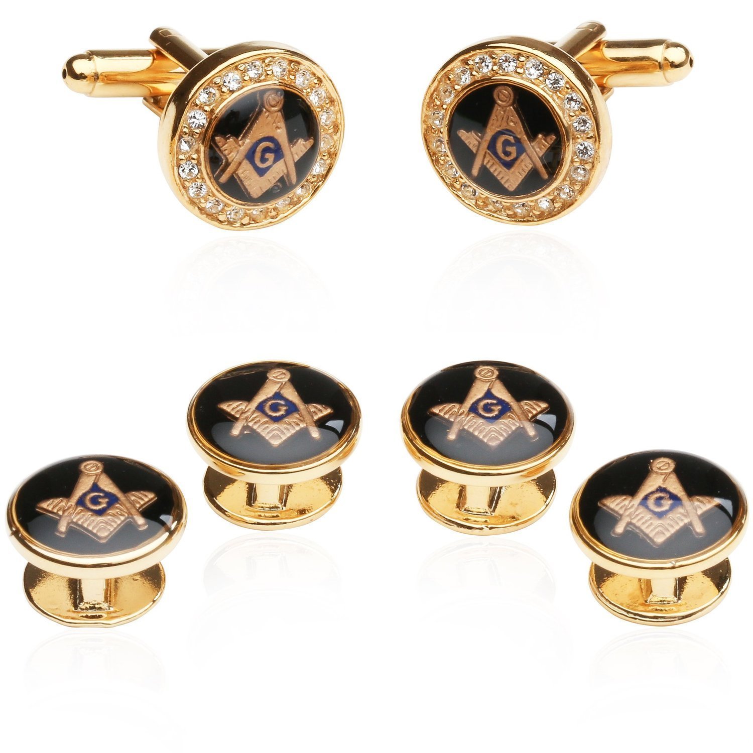 Cuff-Daddy Masonic Cufflinks and Studs - Mens Freemason Formal Set Cufflinks and Studs - Crystal Gold Tone Masonic Tuxedo Formal Set with Travel Presentation Box - 5/8" Cufflinks, 1/2" Studs Shirt