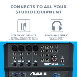 Alesis MultiMix 8 USB FX – 8 Channel Compact Studio Mixer with Built In Effects & USB Audio Interface for Live Sound and Home Studio Recording