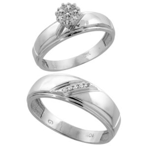 Genuine 10k White Gold Diamond Engagement Rings Set for Him and Her 2 Diagonal Grooves 2-Piece 0.07 cttw Brilliant Cut 5.5mm & 7mm wide Size 10