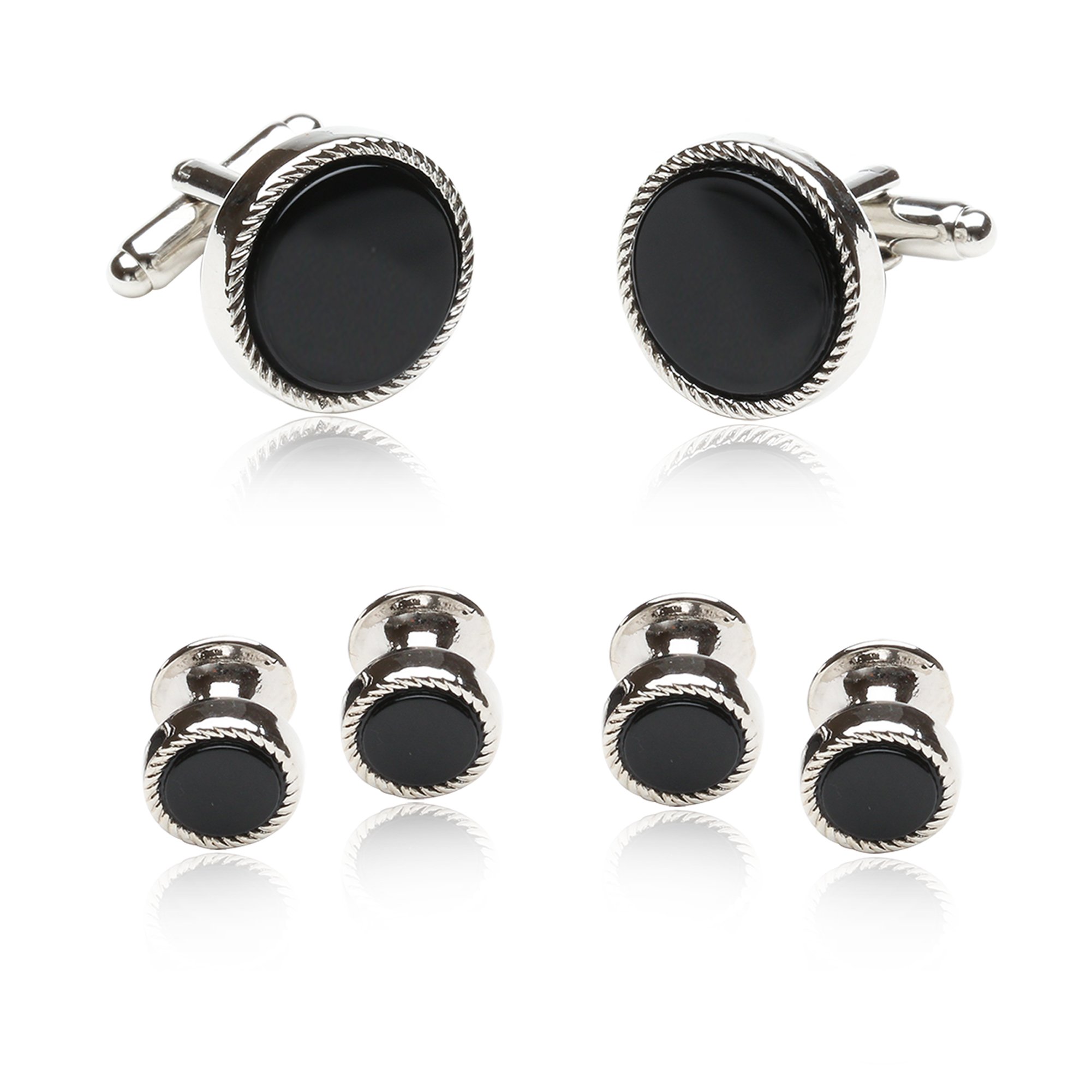 Cuff-Daddy Cufflinks and Studs Tuxedo Silver-Tone Cufflinks Round Ribbed Tuxedo Formal Set with Presentation Idea Box Unique Designed French Cuff Links Mens Wedding Business for Men