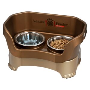 neater feeder - deluxe model - mess-proof dog bowls (medium, bronze) - made in usa - elevated, no spill, non-tip, non-slip, raised stainless steel food & water pet bowls