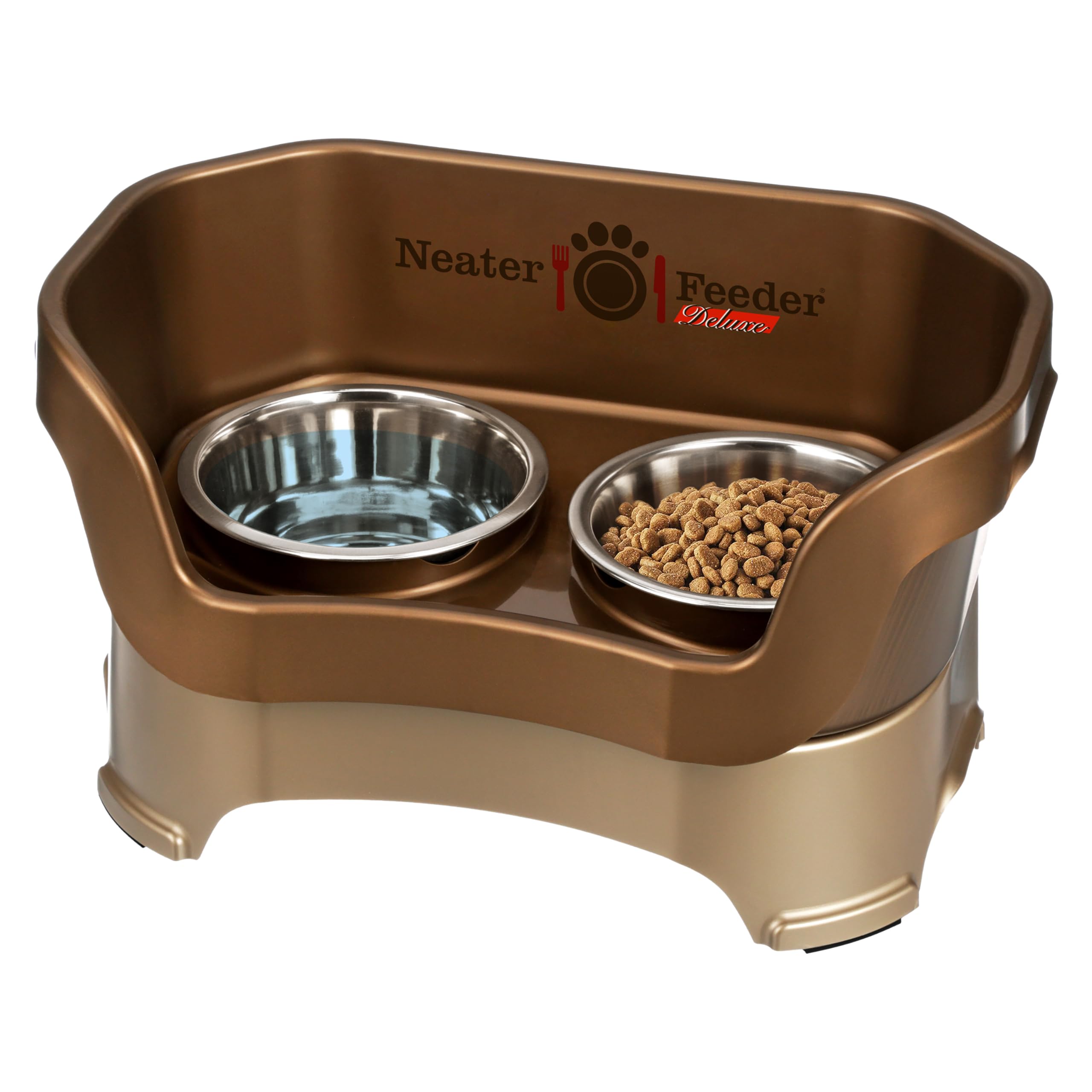 Neater Feeder - Deluxe Model - Mess-Proof Dog Bowls (Medium, Bronze) - Made in USA - Elevated, No Spill, Non-Tip, Non-Slip, Raised Stainless Steel Food & Water Pet Bowls