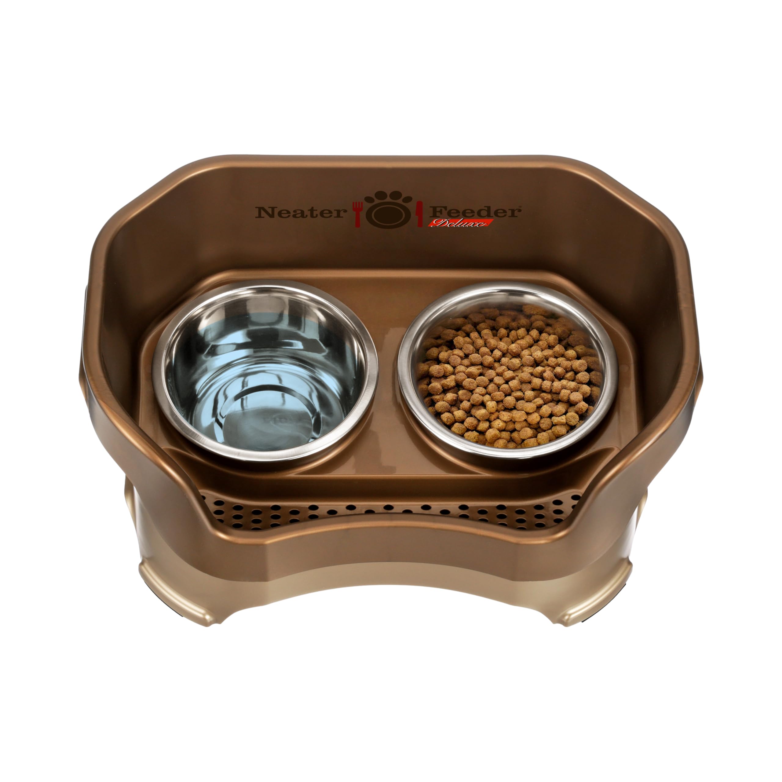 Neater Feeder - Deluxe Model - Mess-Proof Dog Bowls (Medium, Bronze) - Made in USA - Elevated, No Spill, Non-Tip, Non-Slip, Raised Stainless Steel Food & Water Pet Bowls