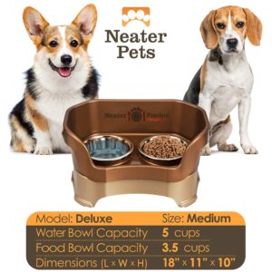 Neater Feeder - Deluxe Model - Mess-Proof Dog Bowls (Medium, Bronze) - Made in USA - Elevated, No Spill, Non-Tip, Non-Slip, Raised Stainless Steel Food & Water Pet Bowls