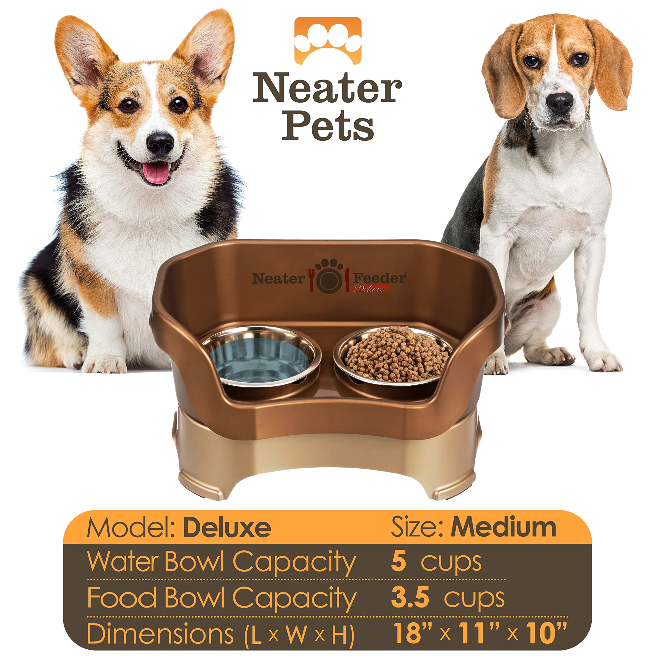 Neater Feeder - Deluxe Model - Mess-Proof Dog Bowls (Medium, Bronze) - Made in USA - Elevated, No Spill, Non-Tip, Non-Slip, Raised Stainless Steel Food & Water Pet Bowls