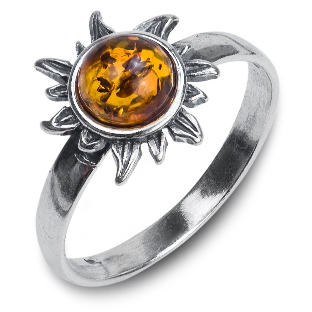 Honey Amber Sterling Silver Sun Ring, size 10