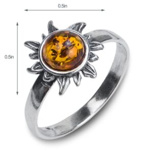 Honey Amber Sterling Silver Sun Ring, size 10