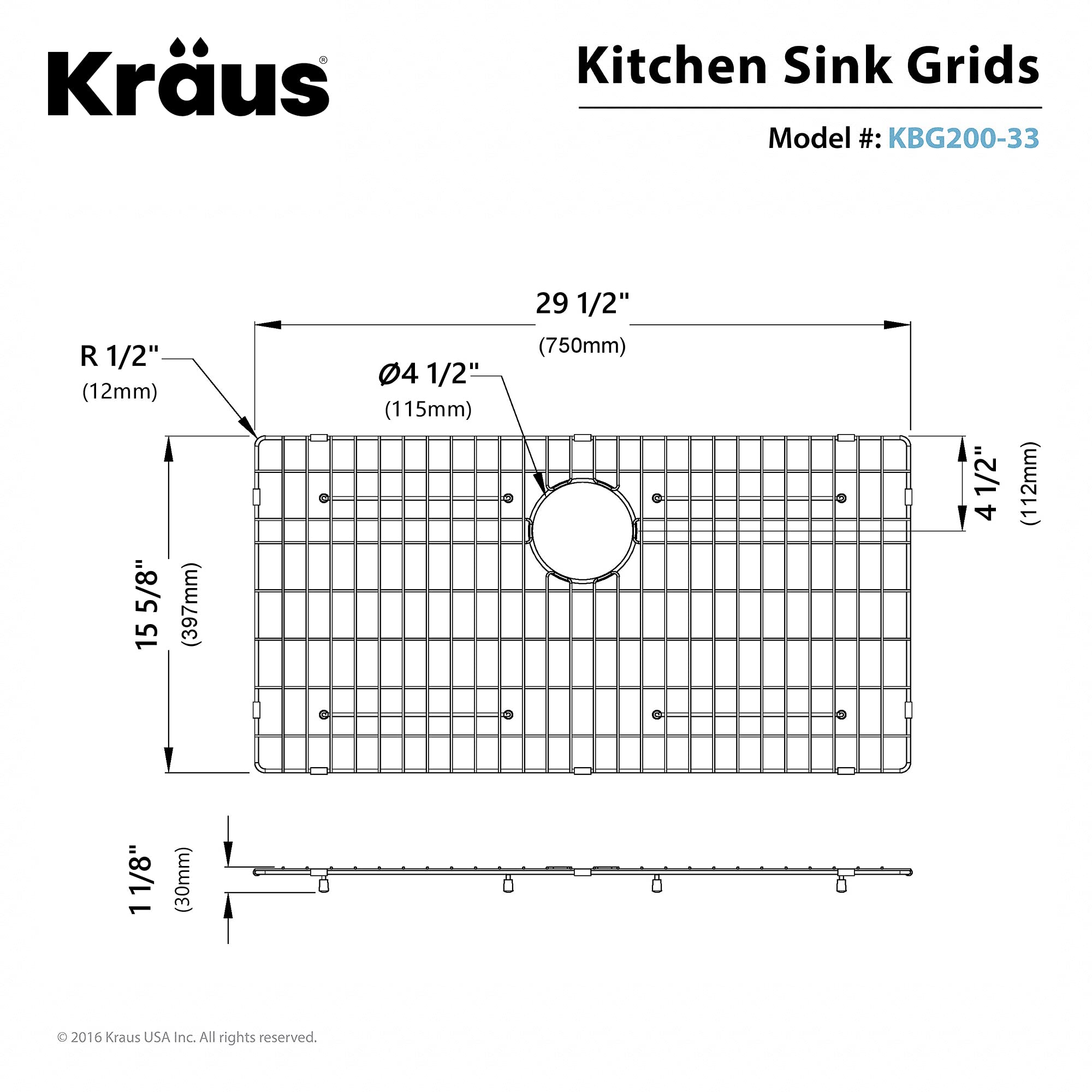 KRAUS KBG-200-33 Stainless Steel Bottom Grid for KHF200-33 Farmhouse Sink , 29 1/2 in x 15 5/8 in x 1 1/8 in