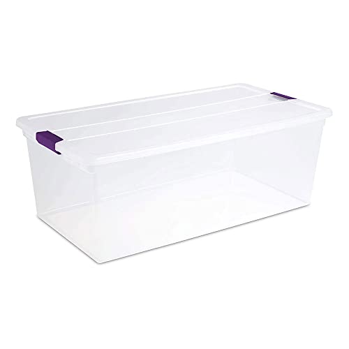 Sterilite 110 Qt ClearView Latch Storage Box, Stackable Bin with Latching Lid, Plastic Container Organize Clothes in Closet, Clear Base, Lid, 4-Pack