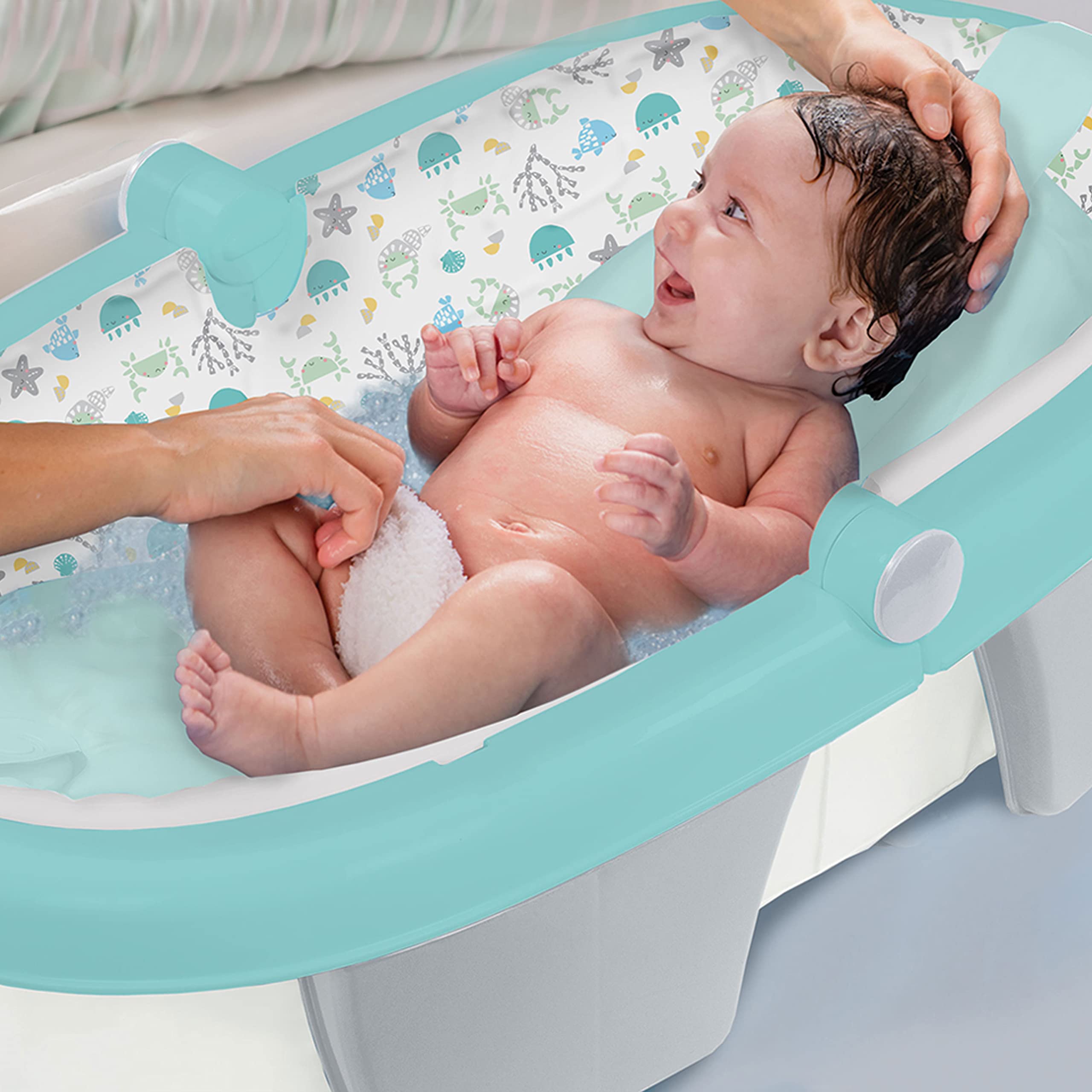 Summer Infant Foldaway Baby Bath (Under The Sea) - Convenient Baby Bathtub That Folds Compactly for Easy Storage and Travel - Inflatable Base for Extra Support - Durable Infant Tub