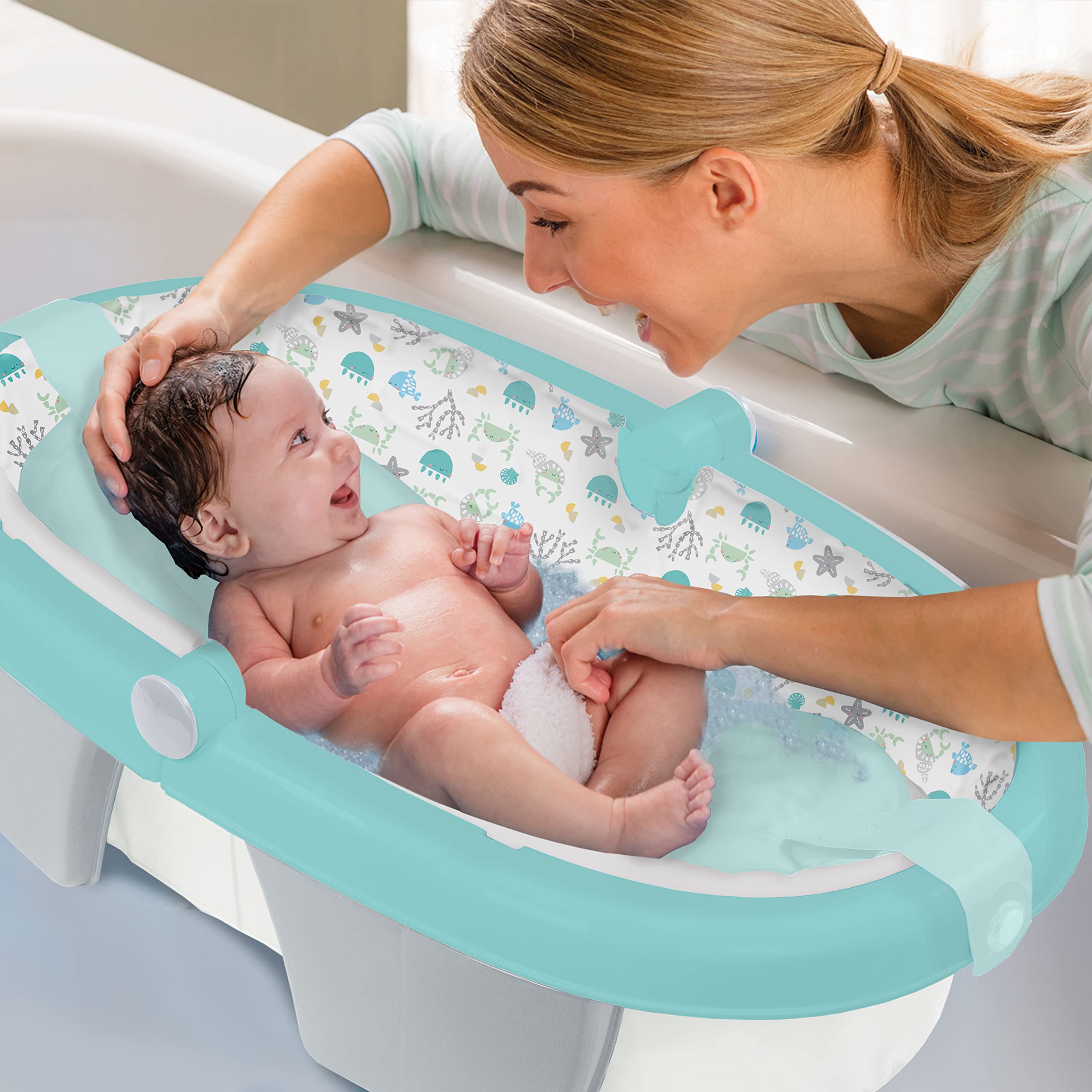 Summer Infant Foldaway Baby Bath (Under The Sea) - Convenient Baby Bathtub That Folds Compactly for Easy Storage and Travel - Inflatable Base for Extra Support - Durable Infant Tub