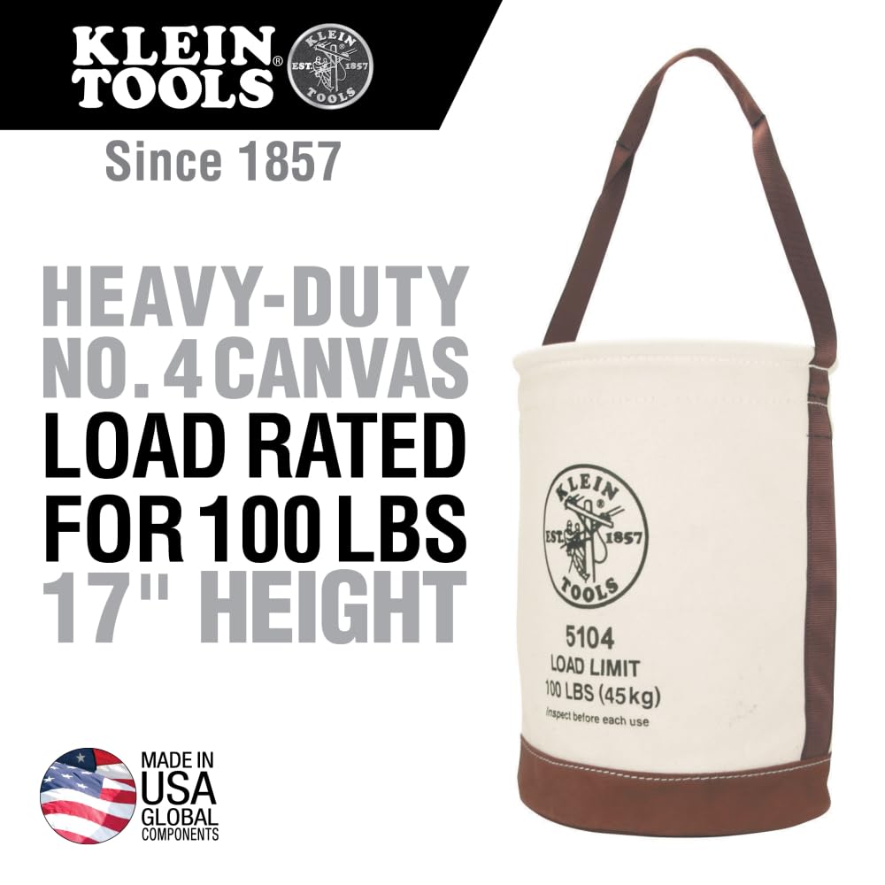 Klein Tools 5104 Canvas Bucket with Leather Bottom, 12-Inch Diameter, 1 Pocket, 100-Pound Load Rated Utility Bucket, Natural