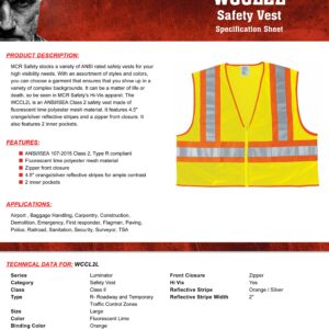 MCR Safety WCCL2LX2 Class 2 Polyester Mesh Safety Vest with 3M Scotchlite 4-1/2-Inch Orange/Silver Reflective Stripe, Fluorescent Lime, 2X-Large