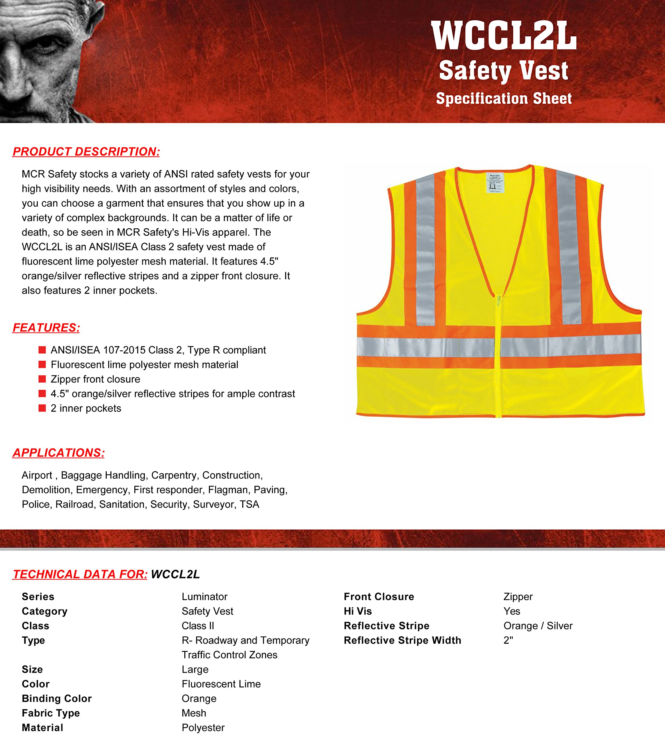 MCR Safety WCCL2LX2 Class 2 Polyester Mesh Safety Vest with 3M Scotchlite 4-1/2-Inch Orange/Silver Reflective Stripe, Fluorescent Lime, 2X-Large