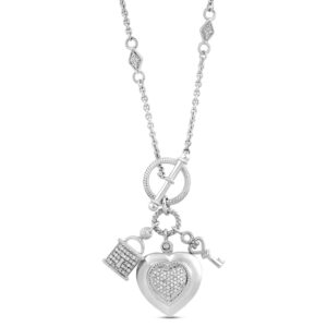 jewelili heart shape necklace pendant with natural white round diamonds, lock and key charms 18 inch cable chain