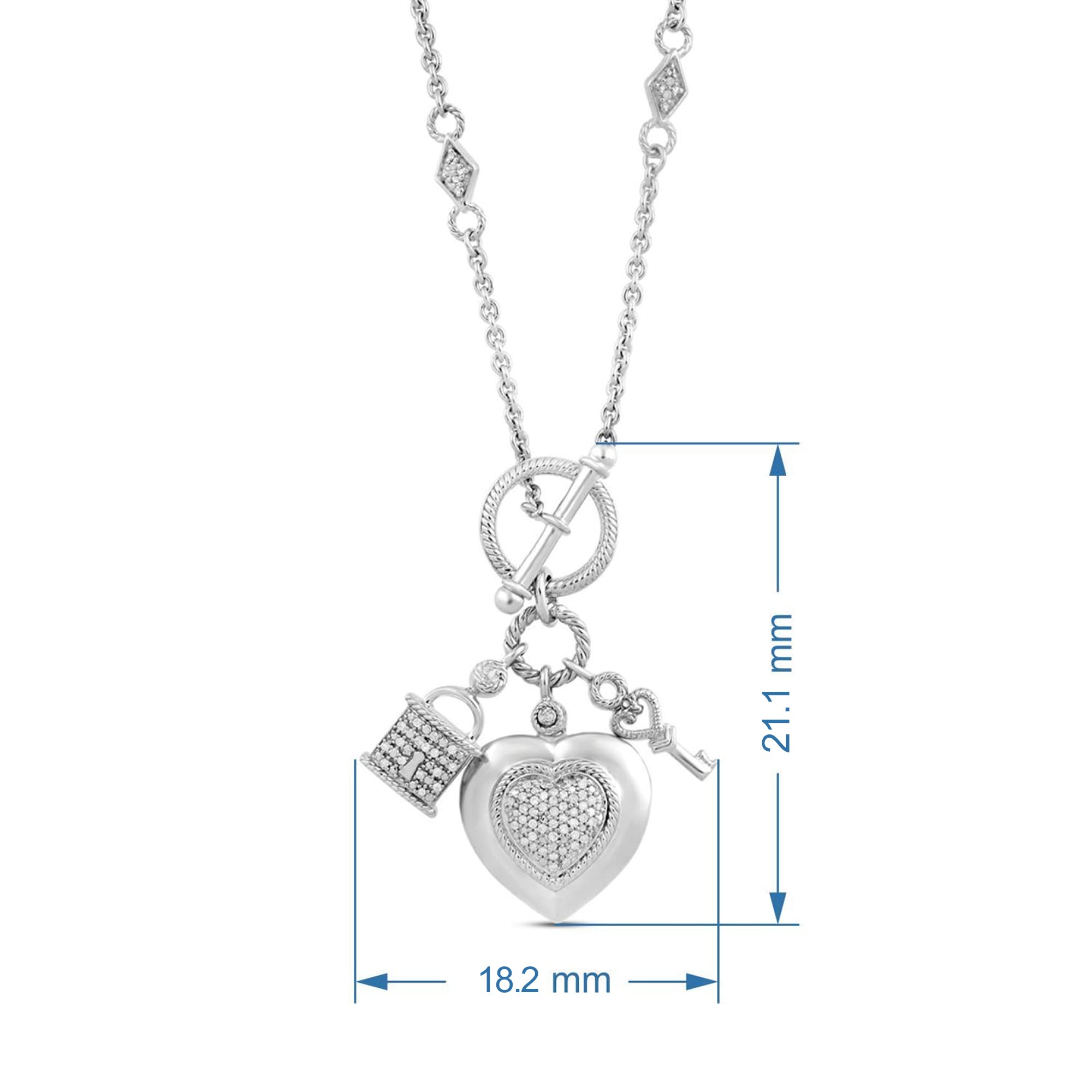 Jewelili Heart Shape Necklace Pendant with Natural White Round Diamonds, Lock and Key Charms 18 inch Cable Chain