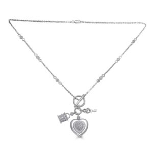 Jewelili Heart Shape Necklace Pendant with Natural White Round Diamonds, Lock and Key Charms 18 inch Cable Chain