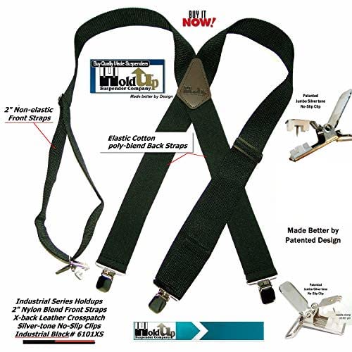 Holdup 2" wide Non-Elastic Industrial Series Black Suspenders for Men with the USA Patented No-Slip Clips