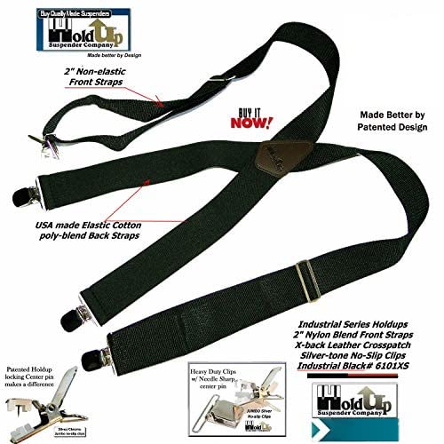 Holdup 2" wide Non-Elastic Industrial Series Black Suspenders for Men with the USA Patented No-Slip Clips