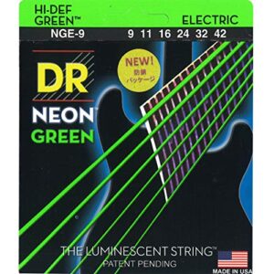 DR Handmade Strings NGE-9 Hi-Def Neon Green Electric Guitar Strings, Light (9-42)