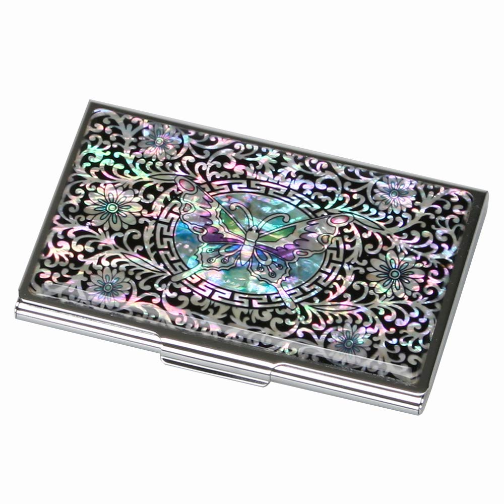 Mother of Pearl Black Business Card Holder Purse Pocket RFID Blocking Protection Credit Id Name Card Holder Case Metal Stainless Steel Slim Money Wallet Butterfly Arabesque Design