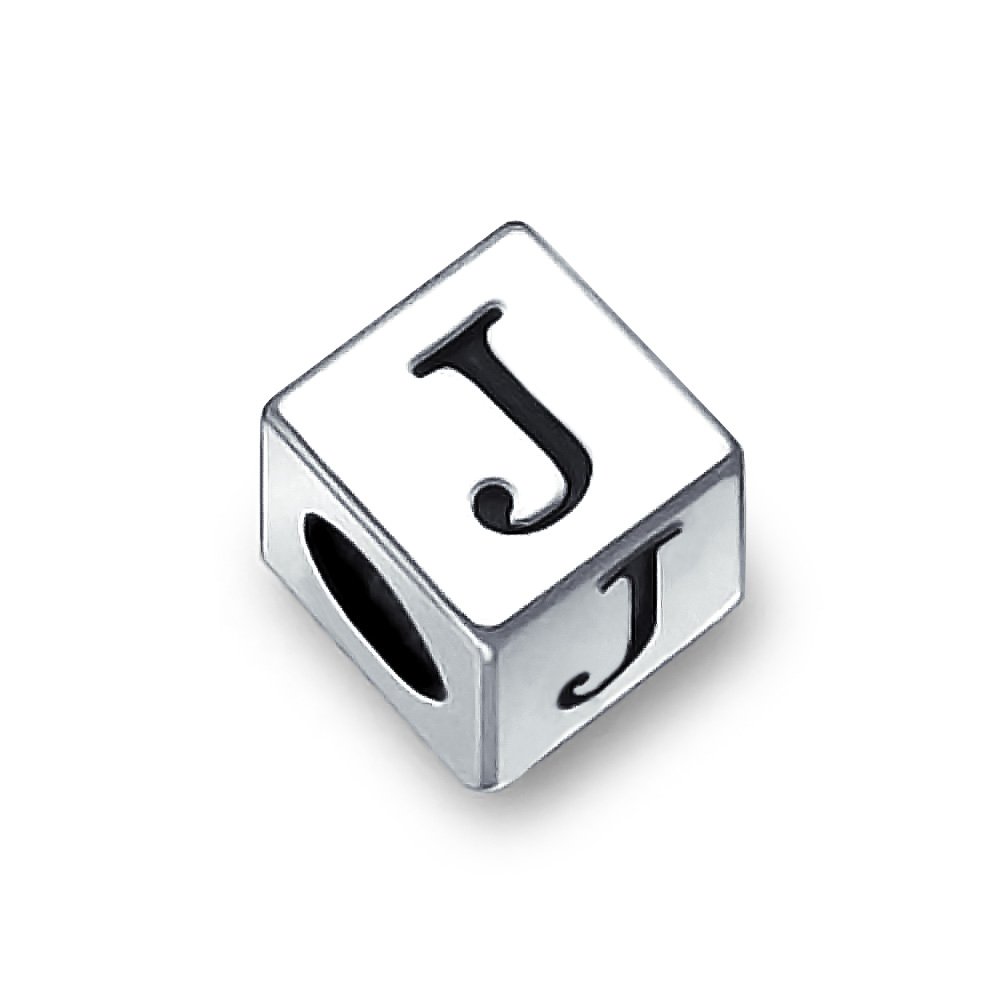 Block Letter J Alphabet Initial Charm Bead For Women For Teen .925 Sterling Silver For European Bracelet