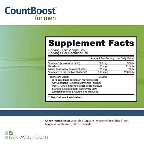 Fairhaven Health CountBoost for Men Optimal Count and Volume Male Fertility Supplement - Pre-conception Nutrition for Him - with Ashwagandha, Vitamin C, and CoQ10-60 Capsules