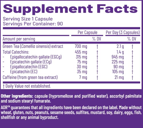 AOR, Active Green Tea, Natural High-Potency Green Tea Extract, with EGCG Catechins (150 mg), Vegan Take Daily, 90 capsules (30 servings)