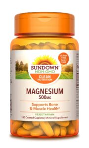 sundown magnesium 500mg, supports bone and muscle health, 180 coated caplets, 6 month supply